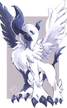 Rule 34 | absol, animal focus, asymmetrical horns, body fur, border, claws, closed mouth, commentary, feathered wings, full body, gen 3 pokemon, grey background, highres, horns, kosokoso 002, looking at viewer, mega absol, mega pokemon, neck fur, nintendo, no humans, one eye covered, pokemon, pokemon (creature), pokemon focus, red eyes, simple background, solo, standing, symbol-only commentary, uneven horns, white background, white border, white fur, white wings, wings