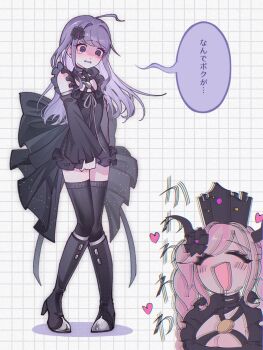 1boy 1girl :d bare_shoulders black_flower black_footwear black_thighhighs blush boots breasts crossdressing crown detached_sleeves dress dress_tug flower hair_flower hair_ornament happy heart high_heel_boots high_heels highres horns large_breasts laughing long_hair master_detective_archives:_rain_code open_mouth pink_hair purple_eyes rize_(rize0420) saliva shinigami_(rain_code) short_dress smile speech_bubble tearing_up teeth thighhighs translated unhappy white_background yuma_kokohead zettai_ryouiki