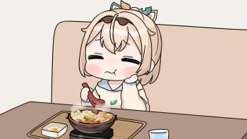 1girl :t blonde_hair blush_stickers brown_hoodie chibi closed_eyes closed_mouth couch cup drinking_glass egg facing_viewer food food_request grey_background highres holding holding_spoon hololive hood hood_down hoodie kazama_iroha long_sleeves mochimiko on_couch plastic_spoon ponytail puffy_long_sleeves puffy_sleeves simple_background sitting solo spoon table tray upper_body virtual_youtuber water wavy_mouth