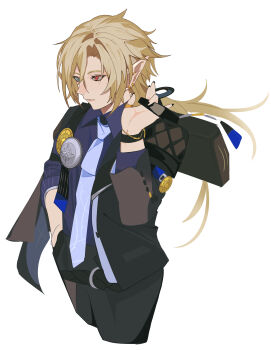 1boy absurdres arm_out_of_sleeve bicep_strap black_coat black_nails black_pants blonde_hair blue_necktie closed_mouth coat commentary cropped_legs earrings erisu2ship gold_ring grey_eyes hair_between_eyes hand_on_own_hip heterochromia highres holding holding_suitcase hugo_vlad jewelry long_hair looking_ahead male_focus mole mole_under_eye necktie pants pointy_ears purple_shirt red_eyes shirt shirt_tucked_in simple_background sleeves_rolled_up solo suitcase symbol-only_commentary white_background zenless_zone_zero