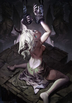 1girl aqua_eyes arms_up ass backless_dress backless_outfit bare_back bare_shoulders bdsm blonde_hair bondage bound bound_wrists breasts butt_crack caesty cuffs dragon dragon_girl dragon_horns dress female_focus from_behind full_body gargoyle horns looking_back medium_breasts no_panties no_shoes original shackles shaft_look sideboob silver_hair sitting solo thighhighs wariza