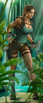 1girl aqua_tank_top artist_logo backpack bag black_gloves boots breasts brown_boots brown_eyes brown_hair brown_shorts fingerless_gloves gloves gun highres holding holding_gun holding_weapon holster illyne_cosplay jewelry lara_croft large_breasts leaf logo long_hair necklace outdoors plant ponytail short_shorts shorts solo standing tank_top thigh_holster tomb_raider water waterfall weapon weapon_request
