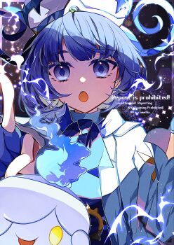 Rule 34 | 1girl, belt, black dress, black hair, blue fire, blue gloves, blunt bangs, bob cut, breasts, candle, coat, commentary request, dress, fire, gen 5 pokemon, gloves, gwynn (pokemon), hat, highres, litwick, long sleeves, looking at viewer, mega stone, multicolored hair, nintendo, o-ring, o-ring belt, open clothes, open coat, open mouth, partially fingerless gloves, pokemon, pokemon (creature), pokemon legends: z-a, purple eyes, purple hair, short hair, smile, to camellia, white coat, yellow eyes