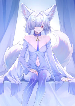 1girl absurdres bare_shoulders breasts chinese_commentary colored_eyelashes commentary_request feet_out_of_frame fox_girl fox_tail grey_hair hair_ornament hair_over_one_eye hand_on_own_thigh highres jewelry kemonomimi_mode long_hair looking_at_viewer medium_breasts meng_xi_xuan mornye_(wuthering_waves) multiple_rings navel off_shoulder parted_lips partially_unbuttoned red_eyes ring see-through_body shirt sitting smile solo tacet_mark_(wuthering_waves) tail white_shirt wuthering_waves