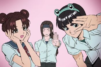 Rule 34 | 1girl, 2boys, black hair, black pantyhose, blunt bangs, bowl cut, brown hair, closed eyes, closed mouth, collared shirt, double bun, frog hair ornament, furrowed brow, grey headband, grey sailor collar, hair bun, hair ornament, hands on own cheeks, hands on own face, headband, hyuuga neji, lodoae, looking at viewer, multiple boys, naruto (series), neckerchief, open mouth, outstretched hand, pantyhose, parted bangs, pink background, red neckerchief, rock lee, sailor collar, school uniform, shirt, short hair, short sleeves, smile, sweatdrop, tenten (naruto), thick eyebrows, upper body, white shirt