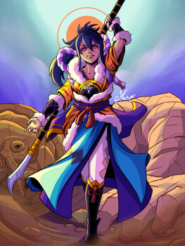 Rule 34 | 1girl, absurdres, actuallyswiper, armor, blue hair, fire emblem, fire emblem fates, hair between eyes, high ponytail, highres, holding, holding polearm, holding weapon, japanese armor, japanese clothes, long hair, looking at viewer, naginata, nintendo, oboro (fire emblem), polearm, ponytail, solo, weapon