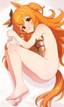 1girl absurdres animal_ears barefoot black_ribbon bow commentary completely_nude dullahan_(alekey_art) ear_ribbon english_commentary flat_chest highres horse_ears horse_girl horse_tail loli long_hair looking_at_viewer lying mayano_top_gun_(umamusume) nude on_side orange_eyes orange_hair ribbon soles solo tail toes two_side_up umamusume