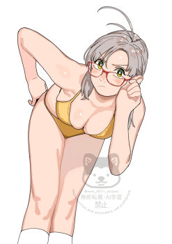 1girl antenna_hair bent_over bikini breasts cleavage feet_out_of_frame green_eyes grey_hair highres kantai_collection kinugasa_(kancolle) kinugasa_kai_ni_(kancolle) leaning_forward looking_at_viewer medium_breasts ojipon red-framed_eyewear socks solo swimsuit watermark white_socks yellow_bikini