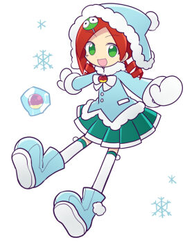 1girl andou_ringo apple beanie blue_boots blue_coat blue_hat boots coat dot_nose drill_hair earflap_beanie food fruit fukumitsu_(kirarirorustar) full_body fur-trimmed_coat fur_trim green_eyes green_skirt hair_ornament hat official_style open_mouth pleated_skirt puyopuyo puyopuyo_7 red_hair simple_background skirt snowflakes solo twin_drills white_background