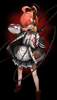 Rule 34 | 1girl, absurdres, ahoge, apron, black halo, black jacket, black skirt, blue archive, braid, branch print, chain, delinquent, dragon print, floral print, full body, grin, gun, halo, highres, holong5020, jacket, looking at viewer, medium hair, neru (blue archive), pleated skirt, print jacket, red eyes, shirt, shoes, short hair, sig mpx, single braid, skirt, smile, sneakers, solo, submachine gun, sukajan, weapon, white apron, white shirt