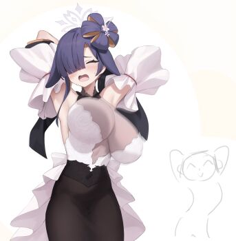 absurdres animal_ears armpits arms_behind_head blue_archive blush breasts commentary_request detached_sleeves doodle_sensei_(blue_archive) droopy_ears embarrassed floppy_ears flower-shaped_hair flower_dress hair_over_one_eye halo highres kimono_dress korean_commentary large_breasts long_bangs lop_rabbit_ears official_alternate_costume official_alternate_hairstyle open_mouth pharamacom purple_hair purple_halo rabbit_ears rabbit_girl see-through_cleavage see-through_clothes sensei_(blue_archive) tsukuyo_(blue_archive) tsukuyo_(dress)_(blue_archive)