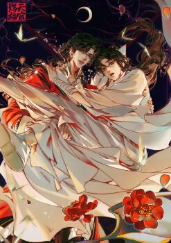 2boys absurdres bandaged_arm bandages black_eyes black_hair boots brown_hair bug butterfly carrying chinese_clothes chinese_text collared_shirt copyright_name couple crescent_moon earrings falling falling_petals fang floating_clothes floating_hair flower hair_bun hanfu highres hua_cheng insect jewelry long_hair long_sleeves looking_at_viewer male_focus moon multiple_boys night official_art open_mouth petals pointy_ears popped_collar princess_carry red_flower red_hanfu red_petals robe seal_impression shirt single_hair_bun sky starember third-party_source tianguan_cifu white_boots white_hanfu white_shirt wide_sleeves xie_lian yaoi