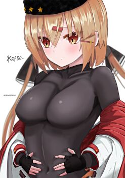 1girl autobaan black_bow black_gloves black_shirt bow breasts brown_eyes brown_hair commentary_request covered_navel elbow_gloves fur_hat gloves hands_on_own_stomach hat highres jacket kantai_collection long_hair low_twintails medium_breasts open_clothes open_shirt papakha red_shirt russian_text shirt simple_background skin_tight solo tashkent_(kancolle) translation_request twintails undershirt upper_body white_background white_jacket