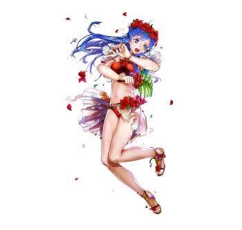 1girl bare_arms bikini blue_eyes blue_hair bracelet breasts bunbun fingernails fire_emblem fire_emblem:_the_binding_blade fire_emblem_heroes flower full_body hair_ornament head_wreath hibiscus high_heel_sandals high_heels highres holding jewelry leaf lilina_(fire_emblem) lilina_(summer)_(fire_emblem) long_hair medium_breasts navel nintendo official_art open_mouth petals red_bikini sandals second-party_source simple_background solo stomach swimsuit toes torn_clothes transparent_background white_background