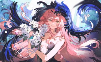 1girl absurdres black_hands black_veil blue_background blue_eyes blue_veil breasts breasts_apart colored_extremities dress floating_hair flower gem grin half-closed_eyes hands_up highres holding holding_flower holding_pendant long_hair looking_at_viewer nautika_(reverse:1999) no_bra pink_gem pink_hair plunging_neckline reverse:1999 small_breasts smile solo strapless strapless_dress syerii tree two-tone_veil upper_body veil very_long_hair white_flower