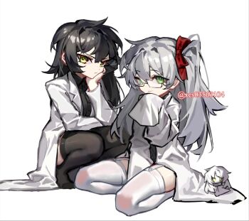 Rule 34 | 2girls, adam (project moon), ayin (project moon), benjamin (project moon), black shirt, black thighhighs, closed mouth, garter straps, genderswap, genderswap (mtf), green eyes, grey hair, lab coat, lobotomy corporation, long hair, looking at viewer, multiple girls, one side up, project moon, shirt, smile, thighhighs, white garter straps, white thighhighs, xcs03563104