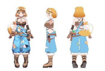 1girl animal_ears anzu_1026 armband blonde_hair blue_choker blue_eyes blush bone bonnie_barkswell boots breasts brown_boots brown_gloves brown_shirt choker cleavage clock collarbone crop_top dog_ears dog_tail full_body fur-trimmed_boots fur-trimmed_gloves fur_trim gears globie gloves goggles goggles_on_head highres large_breasts looking_at_viewer magnifying_glass multicolored_hair multiple_views official_art orange_armband orange_hair overalls patch paw_print pencil pin roman_numeral second-party_source shirt smile standing swept_bangs tachi-e tail telescope vial virtual_youtuber