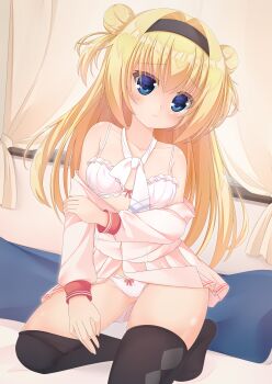 1girl :c absurdres bare_shoulders black_hairband black_thighhighs blonde_hair blue_eyes blush bow bow_bra bow_panties bowtie bra breasts chitose_sana closed_mouth clothes_lift collarbone commentary double_bun eyes_visible_through_hair frilled_bra frills frown hair_between_eyes hair_bun hair_intakes hairband head_tilt highres holding_own_arm indoors kneeling long_hair long_sleeves looking_at_viewer miniskirt misu_t_(ccc) no_shoes on_bed open_clothes open_shirt paid_reward_available panties pink_bow pink_shirt pink_skirt pleated_skirt school_uniform shirt sidelocks skirt skirt_lift small_breasts solo split_mouth straight_hair tenshinranman thighhighs thighhighs_pull thighs two_side_up underwear very_long_hair white_bow white_bowtie white_bra white_panties