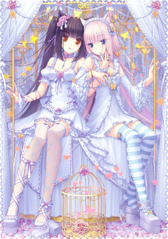 10s 2girls animal_ear_fluff animal_ears ankle_garter bad_id bad_pixiv_id blonde_hair blue_eyes brown_eyes brown_hair cat_ears cat_girl chocola_(nekopara) leg_ribbon long_hair multiple_girls nail_art nail_polish nekopara original pink_nails platform_footwear ribbon sayori_(neko_works) shoe_dangle shoes siblings single_shoe sisters slit_pupils striped_clothes striped_legwear striped_thighhighs thighhighs twins twintails vanilla_(nekopara) yellow_nails