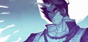 Rule 34 | 1boy, bara, fiery horns, frown, highres, horns, long sideburns, male focus, muscular, muscular male, pectoral cleavage, pectorals, sanat kumara, short hair, sideburns, single horn, solo, spiked hair, thick eyebrows, tokyo houkago summoners, touoh, upper body, yellow eyes