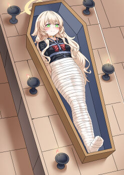 Rule 34 | 1girl, absurdres, arms behind back, artist request, black dress, blonde hair, blue archive, bound, bound arms, bound legs, candle, check artist, coffin, collar, commentary request, dress, green eyes, halo, highres, long hair, looking at viewer, lying, mummification (bound), on back, professor niyaniya (blue archive), shibari, shibari over clothes, smile, solo, t zhonglang, very long hair, yellow halo
