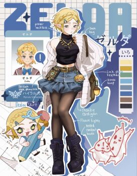 ! +_+ 1girl :3 alternate_costume arisu_art arrow_(symbol) backpack bag belt black_boots black_sweater blonde_hair blue_skirt blush boots breasts brown_bag brown_belt character_doll character_name chibi chibi_inset closed_mouth color_guide combat_boots commentary contemporary denim denim_skirt doll english_commentary english_text equation eyelashes full_body green_eyes grid_background hair_ornament hairclip holding holding_pencil jewelry korok lined_paper link midriff mixed-language_text navel necklace nintendo open_mouth outline pantyhose pencil pointy_ears princess_zelda sheikah_salte short_hair single_off_shoulder skirt sleeveless sleeveless_sweater smile sweater the_legend_of_zelda the_legend_of_zelda:_tears_of_the_kingdom white_cardiganopen_cardigan white_outline