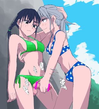 2futa against_rock beach bikini black_hair blue_bikini blush braid braided_ponytail bulge censored futa_with_futa futanari green_bikini green_eyes grey_hair hand_on_another&#039;s_back hand_on_another&#039;s_head handjob highres long_hair multiple_futa polka_dot polka_dot_bikini pongo ponytail precum precum_string public_indecency side-tie_bikini_bottom stealth_sex swimsuit testicles very_long_hair