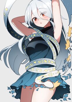 1girl absurdres armpits arms_behind_head blue_dress blush breasts commentary dress gradient_clothes gradient_dress grey_background hair_between_eyes highres long_bangs long_hair looking_at_viewer medium_breasts orange_eyes parted_lips sakaki_(utigi) sleeveless sleeveless_dress snake solo thighs touhou white_hair yuiman_asama