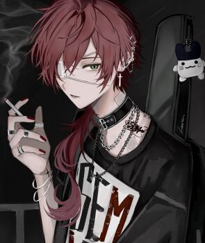 1boy alternate_costume bandage_on_neck belt_collar black_choker black_shirt bracelet chain chain_necklace charm_(object) choker cigarette clothes_writing collar cross cross_earrings ear_piercing earrings eyepatch green_eyes hair_between_eyes hand_up highres holding holding_cigarette instrument_case instrument_case_on_back jewelry lauren_iroas long_hair looking_at_viewer male_focus multiple_rings neck_tattoo necklace nijisanji parted_lips piercing ponytail punk red_hair red_nails ring shirt side_ponytail smoke smoke_trail smoking solo tattoo ukaaaa0_x upper_body virtual_youtuber wrist_tattoo