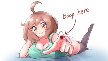 1girl ahoge aqua_shirt black_thighhighs breasts brown_hair closed_mouth english_text fourth_wall highres insomnia-chan kay_yu large_breasts lying medium_hair non-web_source on_stomach original panties pink_panties poking shirt simple_background smile solo thighhighs underwear white_background yellow_eyes