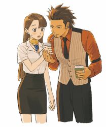 Rule 34 | 1boy, 1girl, ace attorney, asymmetrical bangs, beard, black necktie, black pants, black skirt, blush, brown eyes, brown hair, brown vest, collared shirt, cropped legs, cup, diego armando, disposable cup, drinking, drinking straw, drinking straw in mouth, earrings, facial hair, grey eyes, highres, holding, holding cup, indirect kiss, jewelry, long hair, long sleeves, magatama, magatama necklace, mia fey, mole, mole under mouth, necklace, necktie, open mouth, pants, pencil skirt, phoenix wright: ace attorney - trials and tribulations, red shirt, renshu usodayo, ring, scarf, shirt, short hair, simple background, skirt, smile, standing, surprised, sweatdrop, vest, white background, white shirt, yellow scarf