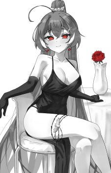 1girl absurdres ahoge bare_shoulders berry black_dress black_gloves breasts chair closed_mouth cocktail_dress commentary crossed_legs dress earrings elbow_gloves english_commentary flower food-themed_earrings gloves greyscale highres hololive hololive_english jewelry large_breasts long_hair looking_at_viewer magui3 monochrome multicolored_hair nanashi_mumei ponytail red_eyes red_flower red_rose rose simple_background sitting smile solo spot_color streaked_hair table thighlet vase very_long_hair virtual_youtuber