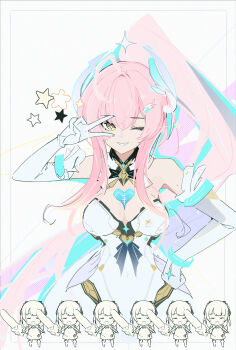 Rule 34 | 1girl, aemeath (wuthering waves), bare shoulders, breasts, commentary, dee (fire2332), detached collar, dress, elbow gloves, gloves, hair ornament, hand on own hip, hand up, heart, highres, long hair, looking at viewer, medium breasts, one eye closed, parted lips, pink hair, ponytail, smile, star (symbol), symbol-shaped pupils, v, v over eye, white dress, white gloves, wuthering waves, yellow eyes