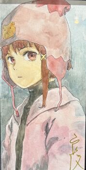1girl abe_yoshitoshi brown_eyes brown_hair commentary_request expressionless hat highres iwakura_lain jacket looking_at_viewer painting_(medium) parted_lips serial_experiments_lain short_hair solo traditional_media upper_body watercolor_(medium)