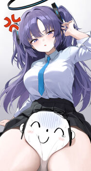 1boy 1girl :o absurdres anger_vein black_skirt blue_archive blue_necktie blush breasts commentary_request doodle_sensei_(blue_archive) dress_shirt halo head_between_thighs highres long_hair looking_at_another medium_breasts nashi_(nashipple1) necktie pleated_skirt red_pupils scissorhold sensei_(blue_archive) shirt shirt_tucked_in skirt sweatdrop tears thick_thighs thighs tucking_hair turn_pale two_side_up very_long_hair white_shirt yuuka_(blue_archive)