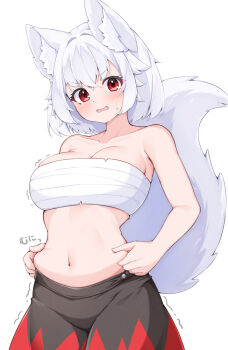 1girl animal_ears blush breasts chest_sarashi cleavage commentary_request grey_hair inubashiri_momiji large_breasts looking_at_viewer midriff navel red_eyes rururiaru sarashi solo sweat tail touhou wolf_ears wolf_tail