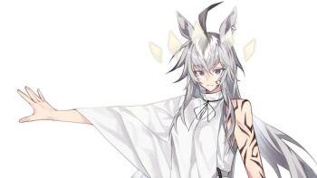 Rule 34 | 1girl, ahoge, animal ears, blue eyes, commentary, ear ornament, english commentary, grey hair, grey tail, hair between eyes, hair ornament, hairband, horse ears, horse girl, horse tail, lobotomy corporation, long hair, long sleeves, multicolored hair, oguri cap (umamusume), project moon, shirt, solo, suyapuya, tail, umamusume