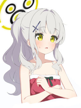 Rule 34 | 1girl, alternate costume, bare shoulders, blue archive, blush, bow, cross hair ornament, dress, foulo paints, green bow, green eyes, green halo, grey hair, hair ornament, hairclip, halo, hare (blue archive), long hair, open mouth, ponytail, red dress, santa costume, santa dress, sidelocks, simple background, solo, white background