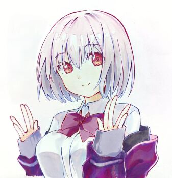 1girl arms_up bow bowtie collared_shirt double_v gridman_universe hair_between_eyes highres looking_at_viewer purple_hair purple_sweater red_bow red_bowtie red_eyes salute shinjou_akane shirt short_hair simple_background smile solo ssss.gridman sweater upper_body v vulcan_salute white_background white_shirt yoshimori_saki
