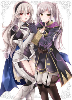 Rule 34 | 2girls, :d, armor, armored dress, black dress, black gloves, black hairband, black leotard, black robe, blue cape, boots, breasts, brown boots, brown eyes, cape, cleavage, closed mouth, commentary request, dress, female corrin (fire emblem), female robin (fire emblem), fire emblem, fire emblem awakening, fire emblem fates, gloves, grey hair, hair between eyes, hairband, highres, holding hands, hood, hood down, hooded robe, interlocked fingers, kirishima riona, knee boots, leotard, long hair, long sleeves, looking at viewer, medium breasts, multiple girls, nintendo, open mouth, puffy short sleeves, puffy sleeves, red eyes, revision, robe, short sleeves, simple background, smile, thighs, twintails, very long hair, white background, wide sleeves