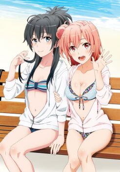 2girls artist_request beach bench bikini black_hair blue_eyes breasts cleavage closed_mouth fingernails floral_print front-tie_bikini_top front-tie_top hair_bun highres hood hoodie long_hair looking_at_viewer medium_breasts medium_hair multiple_girls navel ocean official_art on_bench open_clothes open_hoodie open_mouth outdoors park_bench pink_hair red_eyes sitting small_breasts smile summer swimsuit teeth upper_teeth_only waving yahari_ore_no_seishun_lovecome_wa_machigatteiru. yuigahama_yui yukinoshita_yukino