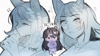 2girls animal_ears bang_dream! bang_dream!_it&#039;s_mygo!!!!! blush chinese_commentary chinese_text commentary_request crossed_arms highres holding_carton mole mole_under_eye multiple_girls open_mouth shiina_taki simple_background sparkle translation_request white_background wolf_ears wolf_girl yahata_umiri yoyoray20001996