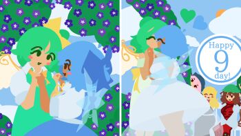 5girls aged_up blue_hair bow chen cirno cirno_day commentary daiyousei english_commentary ex-rumia fairy fairy_wings green_hair hair_bow highres ice ice_wings multiple_girls mystia_lorelei rumia short_hair team_9_(touhou) touhou viderchia wedding wings yuri