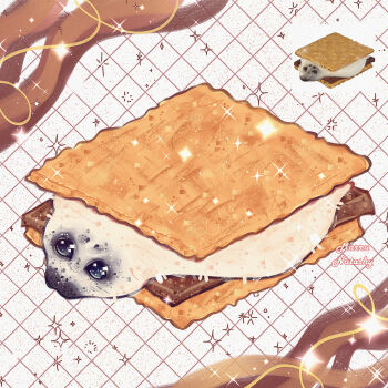absurdres animal_focus artist_name candy chocolate chocolate_bar food food_focus graham_cracker grid_background highres in_food lying marru_natashy no_humans on_stomach original reference_inset s'more seal_(animal) simple_background sparkle white_background