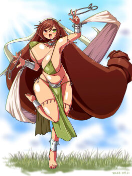 1girl alternate_breast_size_(larger) alternate_costume bangle barefoot bikini blue_sky blush bracelet breasts brown_hair cleavage cloud commentary_request dancer day drill_hair full_body green_bikini green_eyes heterochromia highres huge_breasts itini-sanshi jewelry long_hair looking_at_viewer navel open_mouth outdoors pelvic_curtain red_eyes revealing_clothes rozen_maiden sky solo standing standing_on_one_leg suiseiseki swimsuit twin_drills unaligned_breasts very_long_hair