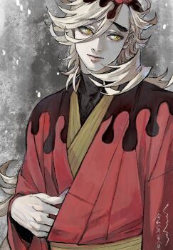 1boy blonde_hair commentary_request david_panty douma_(kimetsu_no_yaiba) expressionless hair_between_eyes highres japanese_clothes kimetsu_no_yaiba kimono long_hair long_sleeves male_focus patterned_hair red_kimono red_shirt shirt solo