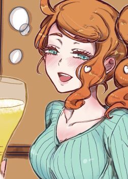 1girl alcohol aqua_eyes aqua_shirt blush breasts collarbone commentary_request cup drunk glass hair_ornament half-closed_eyes heart heart_hair_ornament holding holding_cup medium_breasts mimoza_(acacia_moc) nintendo no_coat no_eyewear open_mouth orange_hair pokemon pokemon_swsh ribbed_shirt shirt side_ponytail side_ponytail_with_hair_base smile solo sonia_(pokemon) sunglasses swept_bangs teeth upper_body upper_teeth_only v-neck wavy_hair