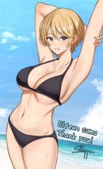 1girl arm_up armpits blonde_hair blue_eyes blue_sky borrowed_character breasts cloud collarbone commentary_request commission day highres large_breasts looking_at_viewer mole mole_under_mouth navel original outdoors short_hair skeb_commission sky solo standing summer surippa1010 sweat thank_you thighs