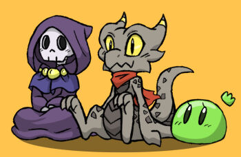 bandana beak blush crown deviantart dragon dragon_horns dragon_tail eyelashes horns kobold kobold_(rakkuguy) lime_(rakkuguy) monster_girl monsters_can_be_heroes_to orange_background original purple_robe rakkuguy robe shelly simple_background sitting skeleton slime_(creature) slime_girl tail