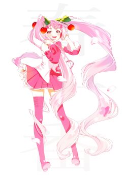 Rule 34 | 1girl, absurdres, bare shoulders, blush, boots, breasts, cherry blossom print, cherry hair ornament, collared shirt, commentary request, detached sleeves, floral print, food-themed hair ornament, full body, hair ornament, hatsune miku, headset, highres, long hair, long sleeves, looking at viewer, medium breasts, miniskirt, necktie, omitsu, open mouth, pink boots, pink eyes, pink hair, pink necktie, pink skirt, pink sleeves, pleated skirt, sakura miku, shirt, simple background, skirt, sleeveless, sleeveless shirt, smile, solo, thick thighs, thigh boots, thighhighs, thighs, twintails, very long hair, vocaloid, white background, wide sleeves, zettai ryouiki